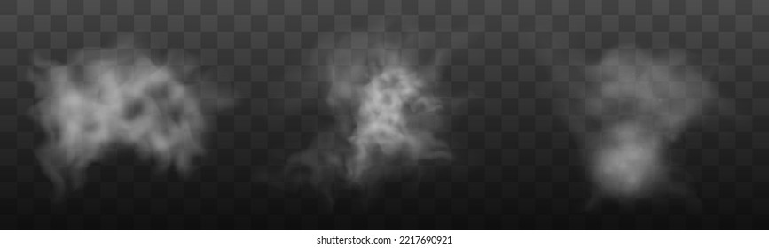 Сloud of smoke or fog isolated transparent special effect. Texture of steam or smoke for your design. White cloudiness, mist smog background. 3D realistic white foggy vapor. Vector illustration.	