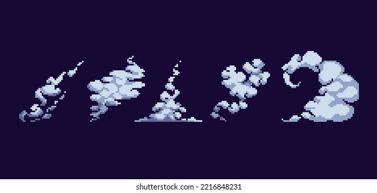 Smoke and fog pixel art set. Cloud swirls, waves and curves collection. 8 bit sprite. Game development, mobile app.  Isolated vector illustration.