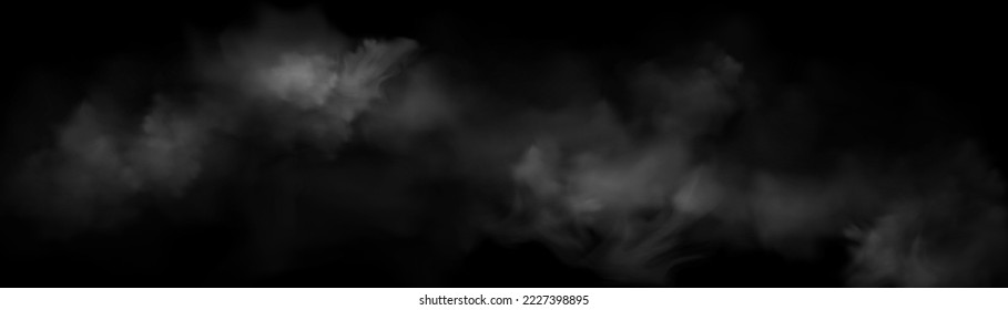 Smoke, fog, white clouds on black background. Realistic cloudy texture, spooky mist, smog, haze, heaven, abstract natural cloudy evaporation effect, horizontal backdrop, Vector illustration