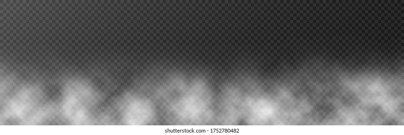 Smoke or fog wide banner template. White clouds on transparent backdrop. Smog effect or mist. Realistic cloud texture for brochure, poster or web. Vector illustration.