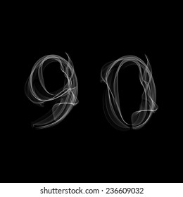 Smoke font. Numbers 9 0. Character nine zero.Vector illustration.