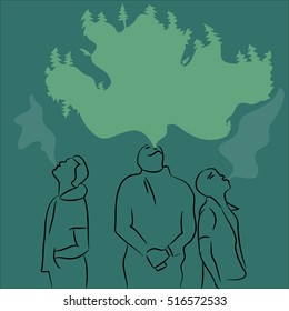  Smoke in the form of forests exhale three guys