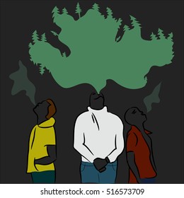 Smoke in the form of forests exhale three guys
