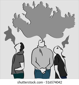 Smoke in the form of forests exhale three guys on a gray background