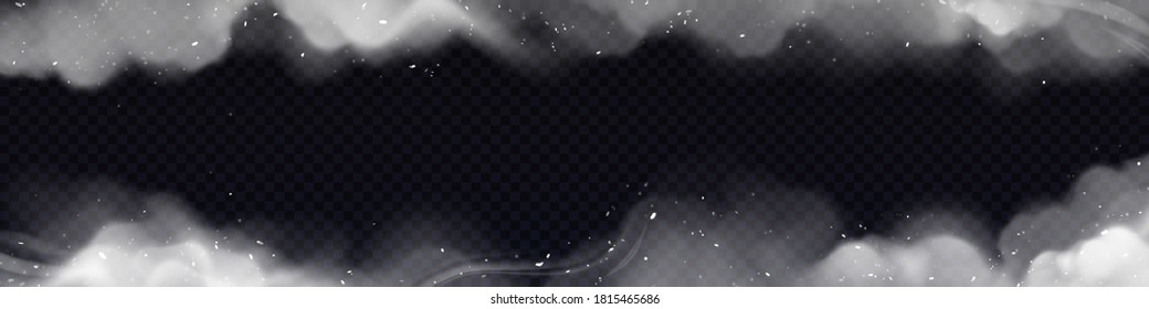 Smoke frame, horizontal border with white smog clouds and particles isolated on transparent background, heavy thick dust steam with motes and ashes, magic haze or vapour Realistic 3d vector mockup