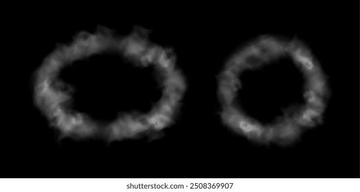 Smoke frames collection. Vector realistic set of borders from fog, haze clouds in shape of circle and ellipse. Abstract light shades mist traces banners with dynamic and captivating effect