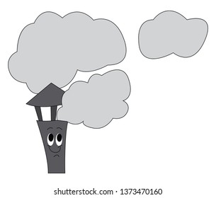 Smoke fumes passing through the grey-colored chimney the vertical channel or pipe of a house vector color drawing or illustration 