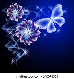 Smoke and glowing flowers and butterfly