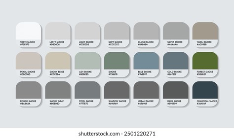 Smoke Gray Color Palette, Smoke Gray Color Guide Palette with Color Names. Catalog Samples of Smoke Gray colors with RGB HEX codes. cladding sheet ash colors, Fashion Trend Silver Color Palette