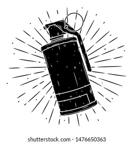 Smoke Grenade. Hand drawn vector illustration with a grenade and divergent rays. Used for poster, banner, web, t-shirt print, bag print, badges, flyer, logo design and more.