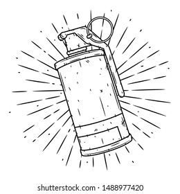 Smoke Grenade. Hand drawn vector illustration with a grenade and divergent rays. Used for poster, banner, web, t-shirt print, bag print, badges, flyer, logo design and more.