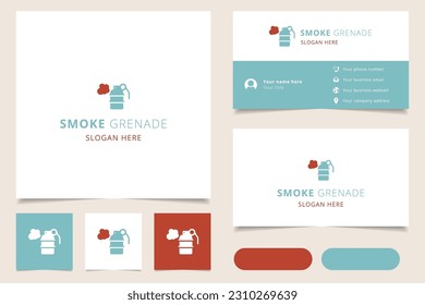 Diseño del logo de la granada de humo con eslogan editable. Libro de promoción de marca y plantilla de tarjeta de visita.