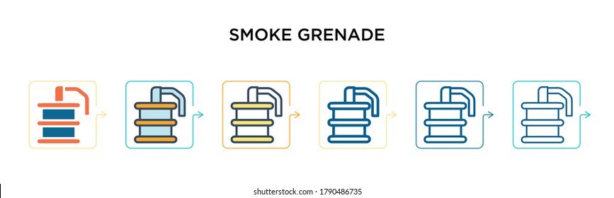 Rauchgranate Vektorsymbol in 6 verschiedenen modernen Stilen. Schwarze, zweifarbige Rauchgranatsymbole, die im Stil von Füllung, Umriss, Linie und Schlaganfall entworfen wurden. Vektorgrafik kann für Web, Mobile, i
