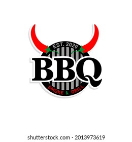 Smoke and Grill BBQ logo or symbol template. Grill rack and devil horns made from red chili