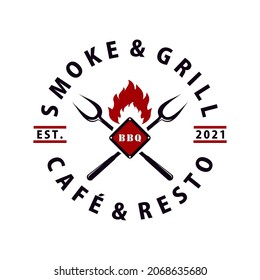 Smoke and grill. Cafe and restaurant logo icon. Barbaecue, barbeque, bbq creative concept for steak house restaurant or cafe. Vector illustration template design