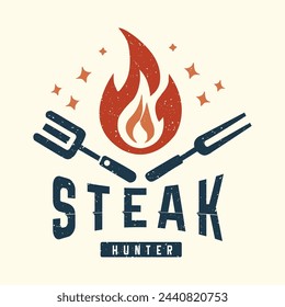Smoke Grill Fire BBQ Logo Vintage Retro Grunge Style