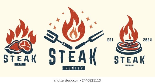 Smoke Grill Fire Meat Logo Set Vintage Retro Grunge Style