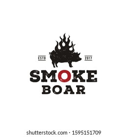 Smoke Grilled Pork Pig, Silhouette Burned Boar, Hog with Fire Flame Barbecue BBQ Vintage Logo design