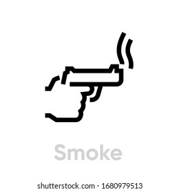 Smoke gun shot icon. Editable line vector. The palm symbol holds a miniature firearm after a shot. Single pictogram.