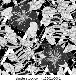 Smoke Hibiscus Flower Leaf Vector Seamless Pattern. Mud Tropical Banana Background California Design. Metallic Tree Fashion Pattern. Mud Jungle Leaf Wallpaper