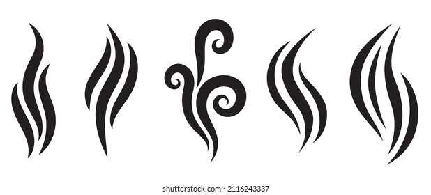 Smoke or hot steam icons, aroma smell vector signs. Scent logo collection. Heat vapor symbols. Water steam evaporation, cigarette smoke, flame logo icons.  Coffee aroma symbols. Cooking flavors