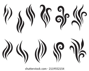 Smoke Or Hot Steam Icons, Aroma Smell Vector Signs. Scent Logo Collection. Heat Vapor Symbols. Water Steam Evaporation, Cigarette Smoke, Flame Logo Icons.  Coffee Aroma Symbols. Cooking Flavors Set