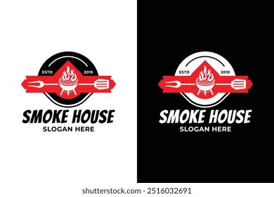 Smoke house logo, spatula, hot grill logo, steak house, grill logo template, barbeque logo design,