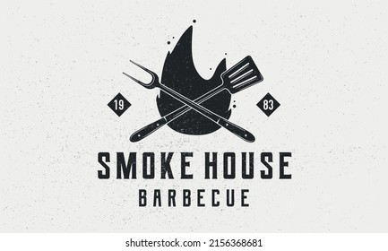 Smoke House - vintage logo concept. Logo of Barbecue, Grill, Smoke house with fire flame, grill fork and spatula. BBQ logo, poster, stamp template with grunge texture. Vector illustration