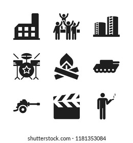 smoke icon. 9 smoke vector icons set. war tank, clapperboard and factory building silhouette icons for web and design about smoke theme