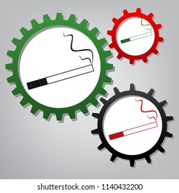 Smoke icon great for any use. Vector. Three connected gears with icons at grayish background.