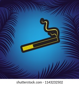 Smoke icon great for any use. Vector. Golden icon with black contour at blue background with branches of palm trees.