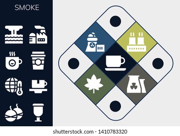 smoke icon set. 13 filled smoke icons.  Simple modern icons about  - Coffee cup, Smoke bomb, Cup, Global warming, Eruption, Factory, Nuclear plant, Marijuana