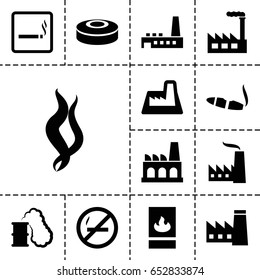 Smoke icon. set of 13 filled smokeicons such as smoking area, factory, cigarette, fire protection, smoke, smoke bomb, smoking can