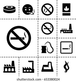 Smoke icon. set of 13 filled smokeicons such as smoking area, no smoking, factory, fire protection, smoke