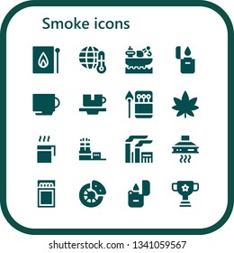 smoke icon set. 16 filled smoke icons.  Simple modern icons about  - Match, Global warming, Factory, Lighter, Cup, Matches, Marijuana, Extractor hood, Break