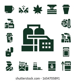 smoke icon set. 17 filled smoke icons. Included Cup, Factory, Coffee cup, Lighter, Global warming, Nuclear plant, Match, Accident, Cigarette, Marijuana, Eruption, Matchbox icons