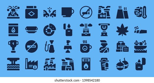 smoke icon set. 32 filled smoke icons. on blue background style Simple modern icons about  - Volcano, Matchbox, Cup, Eruption, Match, No smoking, Factory, Accident, Break, Hookah