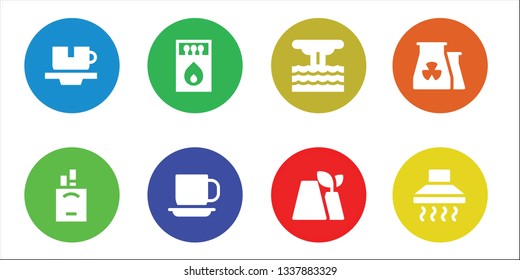 smoke icon set. 8 filled smoke icons.  Simple modern icons about  - Cup, Cigarettes, Matches, Eruption, Factory, Nuclear plant, Hood