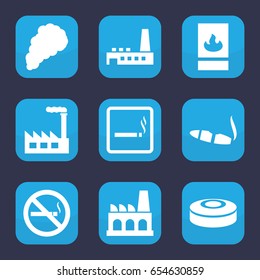 Smoke icon. set of 9 filled smoke icons such as smoking area, cigarette, no smoking, factory