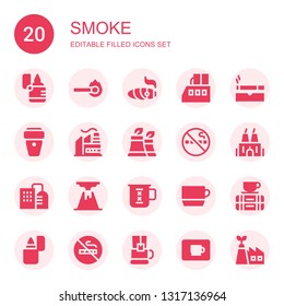 smoke icon set. Collection of 20 filled smoke icons included Lighter, Match, Cigar, Factory, Cigarette, Coffee cup, No smoking, Volcano, Cup, Break, Tea cup, Eco factory