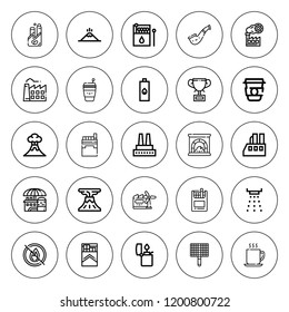 Smoke icon set. collection of 25 outline smoke icons with bbq grill, chimney, coffee cup, cigarettes, cup, factory, lighter, matches, industry, no fire icons. editable icons.
