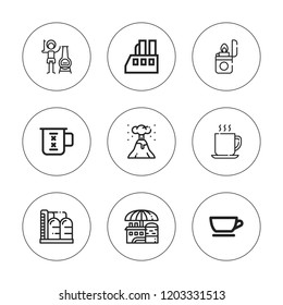 Smoke icon set. collection of 9 outline smoke icons with chimney, coffee cup, cup, factory, eruption, industry, refinery icons. editable icons.
