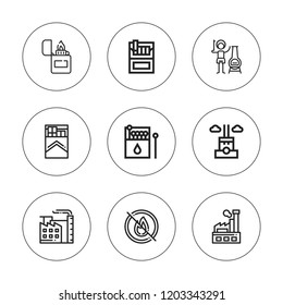Smoke icon set. collection of 9 outline smoke icons with chimney, cigarette, cigarettes, factory, lighter, matches icons. editable icons.