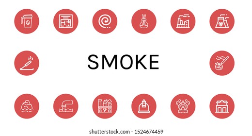 smoke icon set. Collection of Coffee cup, Evacuation plan, Mosquito coil, Scent, Factory, Nuclear plant, Warming, Pollution, Cupping, Incense burner, Fire station, Incense icons