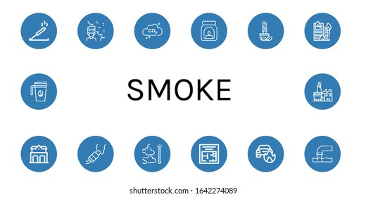 smoke icon set. Collection of Incense, Air pollution, Carbon dioxide, Aroma, Building on fire, Fire station, Pollution, Global warming, Evacuation plan, Car on fire, Coffee cup icons