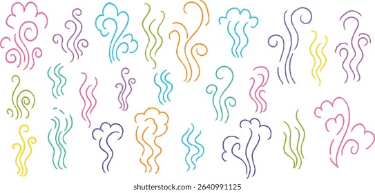 Smoke icon set. Hand drawn colorful smoke and steam icons. Crayon doodle style aroma lines for hot coffee, fire, incense, cooking scent, breeze, vapor swirl. Artistic vector sketch elements.