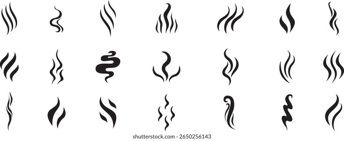 Ícone de fumaça definido. Ícone de vapor quente. Ícone de Cheiro. Ilustração do vetor de fumaça. Silhuetas para fumadores e fumadores. Aromas vaporize ícones sobre fundo branco.  Gráfico vetorial. Fumaça ícone de vapor ondas linhas EPS 10
