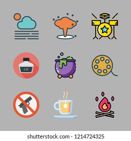 smoke icon set. vector set about tea, cauldron, drum set and weapons icons set.