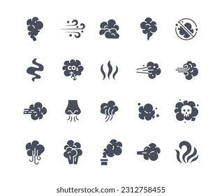 Smoke icons black set. Cigarettes and nicotine, tobacco smog. Bad air and clouds of vapour and toxic smokestack. Graphic elements for website. Flat vector collection isolated on white background