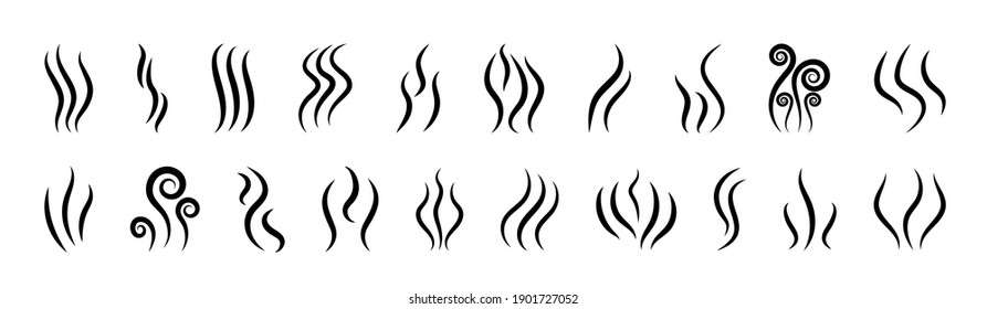 Smoke icons. Logo of steam, smell and aroma from grill and cooking. Vapor symbol from heat in line style. Odor from perfume. Graphic shapes of gas, flame, fume and water. Design illustration. Vector.